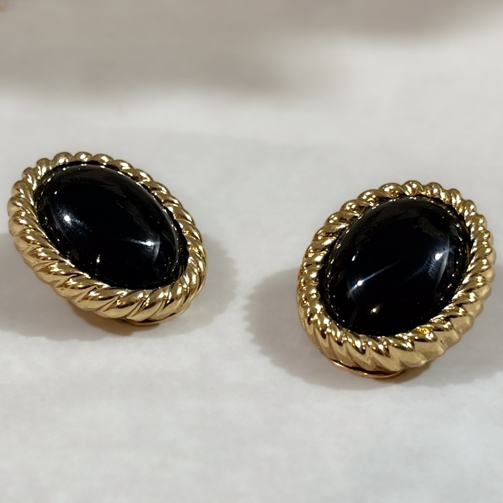Vintage Dior Gold Tone Rope Earrings With Black Cabochon Centers